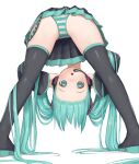  1girl ass bent_over black_footwear black_legwear black_skirt black_sleeves boots eyebrows forehead from_behind full_body green_eyes green_hair hands_on_headphones hatsune_miku headset highres kuroshiro00 legs legs_apart long_hair looking_back looking_through_legs open_mouth panties simple_background skirt solo striped striped_panties thigh_boots thighhighs thighs twintails underwear very_long_hair vocaloid white_background 