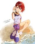  1girl absurdres breasts closed_mouth highres jewelry kairi_(kingdom_hearts) kingdom_hearts kingdom_hearts_i necklace nishikida purple_eyes red_hair short_hair skirt sleeveless smile solo wristband 