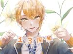  1boy anniversary asymmetrical_bangs bangs blazer blonde_hair blush earrings flower holding jacket jewelry lily_(flower) male_focus mebuki_(moon_angel_4) necktie school_uniform senra_(singer) smile solo string_of_flags striped striped_neckwear upper_body urashimasakatasen utaite_(singer) yellow_eyes 