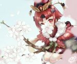  1girl bangs benienma_(fate) branch commentary_request fate/grand_order fate_(series) feathered_cape flower geta hat japanese_clothes kimono looking_at_viewer parted_bangs petals red_eyes red_hair red_kimono short_kimono signature sitting sitting_on_branch solo srm343 tabi twitter_username 