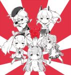 &gt;:) 5girls :d ahoge anchor_symbol arm_up arms_up ayanami_(azur_lane) azur_lane bangs beret blush_stickers bottle bow bracelet chibi clenched_hand cola commentary crown detached_sleeves dress elbow_gloves english_commentary eyebrows_visible_through_hair eyes_visible_through_hair full_body gainoob ginyu_force_pose gloves hair_bow hair_bun hair_ornament hair_ribbon hairpin hat headgear holding holding_bottle iron_cross jacket javelin_(azur_lane) jewelry laffey_(azur_lane) long_hair long_sleeves looking_at_viewer midriff mini_crown multiple_girls navel one_knee one_side_up open_mouth outstretched_arms parted_lips plaid plaid_skirt pleated_skirt ponytail pose raised_fist ribbon school_uniform serafuku short_hair side_bun sidelocks simple_background skirt smile soda_bottle spread_arms standing standing_on_one_leg stuffed_animal stuffed_toy stuffed_winged_unicorn thighhighs twintails unicorn_(azur_lane) watermark z23_(azur_lane) zettai_ryouiki 