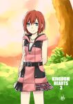 1girl belt blue_eyes breasts closed_mouth dress highres hood jewelry kairi_(kingdom_hearts) kingdom_hearts kingdom_hearts_iii looking_at_viewer necklace red_hair short_hair sleeveless smile solo 