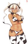  1girl absurdres alternate_costume animal_ears artist_logo bell bikini breasts commentary_request cow_ears cow_horns cow_tail cowbell cowboy_shot crossed_arms dark_skin dark_skinned_female dated fake_animal_ears fake_horns hair_between_eyes highres horns kanon_(kurogane_knights) kantai_collection large_breasts lowleg lowleg_bikini musashi_(kancolle) navel one-hour_drawing_challenge platinum_blonde_hair pointy_hair rectangular_eyewear red_eyes semi-rimless_eyewear short_hair_with_long_locks side-tie_bikini simple_background solo swimsuit tail thighhighs twintails two_side_up white_background white_bikini white_legwear 