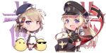  &gt;:q 2girls :d armpits azur_lane beret bike_shorts bird bismarck_(azur_lane) black_legwear blue_eyes breasts brown_hair chibi chick cleavage commentary english_commentary eyebrows_visible_through_hair flag full_body fur_collar fur_trim gainoob gloves grey_eyes hair_between_eyes hat holding iron_blood_(emblem) iron_cross light_brown_hair long_hair looking_at_viewer manjuu_(azur_lane) microphone multiple_girls open_mouth parted_lips peaked_lapels podium salute scepter short_hair sidelocks simple_background smile thighhighs white_gloves z23_(azur_lane) zettai_ryouiki 