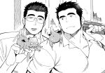  2boys bara couple creature cutiebell glasses head_tilt holding long_sideburns male_focus master_3_(tokyo_houkago_summoners) multiple_boys muscular muscular_male on_shoulder partially_unbuttoned pectorals shiro_(tokyo_houkago_summoners) short_hair sideburns spiked_hair thick_eyebrows tokyo_houkago_summoners upper_body 