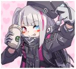  1girl backpack bag bangs beret black_headwear black_jacket blue_eyes blush_stickers border cup eyebrows_visible_through_hair girls_frontline gloves grey_hair hat heart heterochromia holding holding_cup jacket kuro_kosyou long_hair mdr_(girls_frontline) multicolored_hair one_side_up pink_background pink_eyes pink_hair selfie smile solo streaked_hair taking_picture tongue tongue_out upper_body white_border 