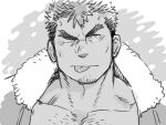  1boy :q bara blush chest_hair cutiebell facial_hair forked_eyebrows goatee greyscale jacket kengo_(tokyo_houkago_summoners) looking_at_viewer male_cleavage male_focus mature_male monochrome muscular muscular_male one_eye_closed open_clothes open_jacket pectorals portrait short_hair sideburns solo stubble tokyo_houkago_summoners tongue tongue_out upper_body 