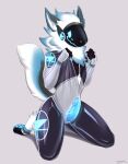  absurd_res anthro beyzul black_body blue_penis blush clothed clothing erection erection_under_clothing fur genitals hi_res kneeling machine male penis protogen rubber rubber_suit solo transparent_latex white_body white_fur 
