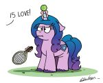  :i ball blue_hair bobthedalek cutie_mark equid equine female gradient_hair hair hasbro hi_res horn izzy_moonbow_(mlp) levitation magic mammal mlp_g5 my_little_pony offscreen_character purple_hair solo tennis_ball tennis_racket unamused unicorn 