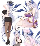  1girl animal_ears armlet asazuki_norito back_cutout bandeau bare_shoulders blue_eyes bow bowtie breasts bunny_ears closed_eyes clothing_cutout covered_navel cuffs dancer dragon_girl dragon_horns dragon_tail dragon_wings elbow_gloves fake_animal_ears fishnets gloves handcuffs harem_outfit hat horns large_breasts long_hair mole mole_under_mouth multiple_views nurse nurse_cap original pantyhose pencil_skirt pointy_ears police police_hat police_uniform policewoman ponytail scales short_sleeves silver_hair single_elbow_glove single_glove skirt smile solo tail uniform veil wings 