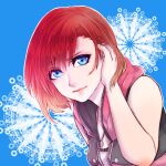 1girl blue_eyes breasts closed_mouth highres hood jewelry kairi_(kingdom_hearts) kingdom_hearts kingdom_hearts_iii looking_at_viewer medium_hair necklace pomegranate666 red_hair sleeveless smile solo 