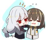  2girls =_= @_@ ankujo arknights bangs beak_mask biting brown_hair cheek_biting chibi coat crying eyebrows_visible_through_hair flying_sweatdrops gloves hair_between_eyes highres long_hair low-tied_long_hair magallan_(arknights) multicolored_hair multiple_girls open_mouth red_eyes signature silver_hair skadi_(arknights) streaming_tears tears two-tone_hair v-shaped_eyebrows wavy_mouth white_coat white_gloves white_hair winter_clothes winter_coat yellow_eyes 