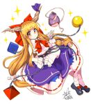  1girl bangs black_footwear blunt_bangs bow closed_mouth commentary cube cuffs eyebrows_visible_through_hair footwear_bow full_body gourd hair_bow highres horn_ornament horn_ribbon horns ibuki_suika long_hair looking_at_viewer low-tied_long_hair metal_belt orange_eyes orange_hair purple_ribbon purple_skirt pyramid red_bow red_neckwear ribbon shackles shirt signature simple_background skirt smile socks solo sphere star_(symbol) torn_clothes torn_sleeves touhou umigarasu_(kitsune1963) very_long_hair white_background white_legwear white_shirt wrist_cuffs 