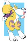  anthro big_breasts big_butt big_nipples black_sclera blue_eyes breasts butt digimon digimon_(species) female full-length_portrait hi_res huge_breasts huge_butt nipples open_mouth portrait rchammer renamon solo standing thick_thighs 
