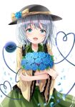  1girl :d bangs blouse blue_eyes blue_flower blue_rose blush bouquet bow cowboy_shot crossed_arms crying crying_with_eyes_open eyeball eyebrows_visible_through_hair falling_petals flower frilled_shirt_collar frills green_skirt happy hat hat_bow hat_flower heart heart_of_string highres holding holding_bouquet kofumi_(nxme5555) komeiji_koishi looking_at_viewer medium_hair open_mouth petals rose silver_hair simple_background skirt smile solo standing tears third_eye touhou white_background wide_sleeves yellow_blouse yellow_bow 
