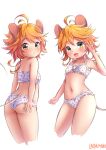  1girl absurdres ahoge animal_ears ass bikini blonde_hair blush breasts emma_(yakusoku_no_neverland) green_eyes highres lndrmnn mouse_ears mouse_girl mouse_tail multiple_views navel open_mouth polka_dot polka_dot_bikini short_hair small_breasts smile swimsuit tail thighs turnaround white_bikini yakusoku_no_neverland 