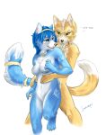  2018 absurd_res anthro anthro_on_anthro barefoot biped black_nose blue_body blue_eyes blue_fur blue_hair blush breasts canid canine dialogue digital_media_(artwork) dipstick_tail duo english_text featureless_breasts featureless_crotch feet female fox fox_mccloud fur green_eyes hair hi_res inner_ear_fluff jewelry juiceps krystal love male male/female mammal multicolored_body multicolored_fur multicolored_tail nintendo nude orange_body orange_fur romantic_couple signature simple_background smile star_fox tattoo text tuft video_games white_background white_body white_fur 