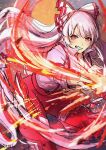  1girl absurdly_long_hair bangs blurry blurry_background bow clenched_teeth commentary_request depth_of_field ekisutora embers eyebrows_visible_through_hair fire floating_hair foot_out_of_frame fujiwara_no_mokou hair_bow hair_ribbon highres light_particles long_hair ofuda ofuda_on_clothes one-hour_drawing_challenge pants pyrokinesis red_bow red_pants ribbon serious shirt simple_background solo suspenders teeth touhou tress_ribbon v-shaped_eyebrows very_long_hair white_bow white_shirt 