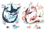  charamells closed_mouth commentary eyelashes finneon fish gen_1_pokemon gen_3_pokemon gen_4_pokemon goldeen green_eyes highres horns lily_pad milotic no_humans paws pokemon pokemon_(creature) single_horn toes vaporeon water water_drop white_background 