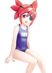  1girl bangs blue_swimsuit collarbone competition_swimsuit eyepatch flat_chest looking_at_viewer midori555 mito_(the_rumble_fish) one-piece_swimsuit red_eyes red_hair school_swimsuit short_hair short_twintails simple_background sitting smile solo spiked_hair swimsuit the_rumble_fish twintails upper_teeth white_background 