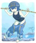 1girl bangs bare_arms barefoot blue_eyes blue_hair blue_pants blush border breasts bright_pupils clothes_pull collarbone fishing_rod hairband highres holding holding_fishing_rod lana_(pokemon) looking_at_viewer nutkingcall one-piece_swimsuit open_mouth outside_border palm_tree pants pants_pull pokemon pokemon_(game) pokemon_sm short_hair smile solo swimsuit teeth toes tongue tree trial_captain water white_border white_pupils yellow_hairband 