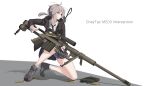  1girl absurdres background_text black_neckwear blue_skirt bolt_action brown_jacket cartridge cheytac_m200 closed_mouth commentary english_text eyebrows_visible_through_hair girls_frontline grey_eyes grey_footwear grey_hair gun highres holding holding_weapon jacket long_hair looking_away m200_(girls_frontline) necktie open_clothes open_jacket rifle rifle_cartridge rynn_(rynn_cube) shirt shoes skirt sneakers sniper_rifle socks solo weapon weapon_name white_background white_shirt 