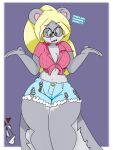  2018 anthro berri big_breasts blonde_hair bottomwear breasts chipmunk cleavage clothed clothing conker&#039;s_bad_fur_day curvy_figure cutoffs denim denim_clothing dialogue digital_media_(artwork) english_text eyewear female fingers fur glasses grey_body grey_fur ground_squirrel hair hi_res hourglass_figure huge_breasts inkit89 looking_at_viewer mammal midriff midriff_baring_shirt multicolored_body multicolored_fur rareware rodent sciurid shorts simple_background simple_eyes smile solo talking_to_viewer teeth text thick_thighs tongue video_games voluptuous wide_hips 
