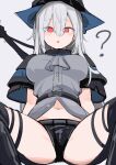  :o ? absurdres arknights ascot black_capelet black_headwear black_pants breasts capelet clothing_cutout commentary dress eyebrows_visible_through_hair grey_background grey_cloak grey_neckwear grey_shirt hat highres hjl_(15623862639) long_hair medium_breasts midriff navel open_mouth pants red_eyes shirt silver_hair sitting skadi_(arknights) spread_legs sword thigh_cutout thigh_strap thighs very_long_hair weapon weapon_on_back 