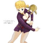  1girl blonde_hair blue_eyes breasts cleavage cleavage_cutout closed_mouth clothing_cutout dated fishnet_legwear fishnets floating_hair genderswap genderswap_(mtf) giorno_giovanna gold_experience heart_cutout jacket jojo_no_kimyou_na_bouken large_breasts leotard long_hair long_sleeves ponytail purple_jacket purple_leotard ryouzou signature simple_background smile solo vento_aureo white_background 