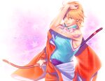  1boy body_markings bow_(weapon) hadanugi_dousa harukanaru_toki_no_naka_de harukanaru_toki_no_naka_de_2 holding holding_bow_(weapon) holding_weapon japanese_clothes kimono kiske off_shoulder open_clothes open_kimono orange_eyes orange_hair smug solo taira_no_katsuzane toned toned_male weapon 