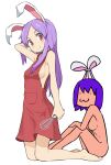  2girls :3 animal_ears apron arm_up armpit_peek bangs breasts bunny_ears closed_mouth commentary_request completely_nude cookie_(touhou) fake_hisui_(cookie) full_body highres hisui_(cookie) holding_whisk long_hair looking_at_viewer medium_breasts miyako_(naotsugu) multiple_girls naked_apron nude purple_hair red_apron red_eyes reisen_udongein_inaba short_hair sideboob smile swept_bangs tied_ears touhou transparent_background 
