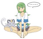  ... 1girl alolan_form alolan_meowth bangs barefoot blush closed_mouth commentary cosplay elio_(pokemon) elio_(pokemon)_(cosplay) gen_7_pokemon green_eyes green_hair hair_down highres knees long_hair mallow_(pokemon) nutkingcall pokemon pokemon_(creature) pokemon_(game) pokemon_sm shirt short_sleeves shorts simple_background sitting solo spoken_ellipsis spread_legs striped striped_shirt swept_bangs t-shirt toes trial_captain white_background 