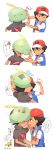  2boys anger_vein arm_up arrow_(symbol) ash_ketchum bangs baseball_cap black_hair blue_jacket brown_eyes chibi chibi_inset flying_sweatdrops gen_1_pokemon gen_3_pokemon goh_(pokemon) grey_shirt gulpin hat heart highres jacket kiss male_focus motion_lines multiple_boys on_head one_eye_closed open_mouth pikachu pokemon pokemon_(anime) pokemon_(creature) pokemon_on_head pokemon_swsh_(anime) red_headwear shirt short_sleeves sleeveless sleeveless_jacket smile speech_bubble t-shirt tongue translation_request trembling white_shirt yaoi ze_(0enmaitake) 