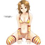  1girl between_legs bra breasts brown_hair character_request cleavage closed_mouth collarbone dated detached_sleeves full_body hand_between_legs long_hair looking_at_viewer medium_breasts panties ryouzou shiny shiny_hair signature simple_background sitting solo striped striped_bra striped_legwear striped_panties striped_sleeves thighhighs underwear underwear_only wariza white_background yellow_eyes 