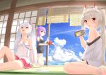  3girls absurdres alternate_costume animal_ears ayanami_(azur_lane) ayanami_(niconico)_(azur_lane) azur_lane bangs blue_sky breasts bunny_ears carrying casual cellphone cleavage cloud cloudy_sky collarbone commentary_request contemporary dual_persona eyebrows_visible_through_hair eyes_visible_through_hair fake_animal_ears fan fisheye food from_side fruit game_screenshot green_eyes hair_ornament hairpin headgear highres holding horizon javelin_(azur_lane) kayari_buta kneeling laffey_(azur_lane) long_hair looking_at_viewer looking_to_the_side looking_up multiple_girls ocean orange_eyes oversized_clothes oversized_shirt paper_fan parted_lips phone pleated_skirt ponytail purple_hair red_eyes red_skirt revision shironora shirt shorts shouji sidelocks silver_hair sitting skirt sky sliding_doors small_breasts smartphone smoke t-shirt tatami tray twintails uchiwa veranda wariza watermelon white_hair white_shirt wooden_floor 