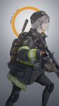  absurdres agent_vector_(girls_frontline) american_flag axe backpack bag beanie biohazard_symbol dated fire_axe firefighter girls_frontline gloves grey_hair gun hat highres jacket knee_pads kriss_vector long_sleeves new_york_city_fire_department official_alternate_costume open_mouth pantyhose pleated_skirt profile shemagh short_hair skirt submachine_gun tom_clancy&#039;s_the_division trigger_discipline useless vector_(girls_frontline) watch weapon wristwatch yellow_eyes 