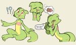  ! 2021 ? absurd_res anthro bottomless chest_wraps clothed clothing dialogue eyes_closed fantasizing female green_body green_scales hi_res itsunknownanon kobold leaning leaning_forward looking_at_viewer naughty_face pictographics scales scalie sitting solo speech_bubble thought_bubble wraps 