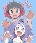  2girls :d acerola_(pokemon) bangs blue_background blush_stickers claw_pose collarbone commentary dress eyelashes fang grey_hair hair_ornament hands_up highres looking_at_viewer medium_hair multiple_girls nutkingcall open_mouth outline phoebe_(pokemon) pokemon pokemon_(game) pokemon_rse pokemon_sm purple_hair short_hair simple_background smile spiked_hair tongue v-shaped_eyebrows 
