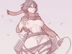  1girl abs belt black_hair breasts cable clothes_pull demimond23 holding holding_sword holding_weapon hot huge_nipples large_breasts mikasa_ackerman muscular muscular_female navel nipples no_bra open_clothes open_shirt panties pants pants_pull paradis_military_uniform red_scarf reverse_grip scarf shingeki_no_kyojin short_hair skindentation solo sweat sword thick_thighs thighs three-dimensional_maneuver_gear underwear weapon white_panties wind 