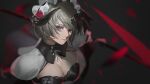  1girl blurry blurry_background breasts cleavage closed_mouth dress flower honkai_(series) honkai_impact_3rd horns large_breasts looking_at_viewer maid maid_headdress red_eyes red_flower reido_(reido_c) rita_rossweisse rose short_hair solo 