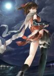  1girl asymmetrical_legwear bangs bare_shoulders black_gloves black_legwear black_skirt brown_eyes brown_hair cloud cloudy_sky commentary divider elbow_gloves fingerless_gloves from_behind from_below full_moon gloves hair_ornament highres holding holding_sword holding_weapon kantai_collection landscape looking_at_viewer looking_back looking_down moon mountain night night_sky ninja ocean remodel_(kantai_collection) scarf school_uniform sendai_(kancolle) serafuku short_hair single_sock single_thighhigh skirt sky socks solo sword thigh_strap thighhighs two_side_up weapon white_neckwear white_scarf wind 