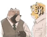  2021 anthro brown_body brown_fur canid canine clothing duo eyewear felid fur glasses humanoid_hands kemono male mammal necktie overweight overweight_male pantherine raccoon_dog shirt takakei1 tanuki tiger topwear yellow_body yellow_fur 