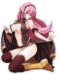  1girl bangs black_legwear blue_eyes boots breasts brown_hairband cleavage closed_mouth covered_nipples floating_hair hair_between_eyes hairband headphones headset knee_boots kneeling large_breasts lifted_by_self long_hair medium_skirt megurine_luka navel no_panties open_clothes open_skirt pink_hair ryouzou shiny shiny_hair simple_background skirt skirt_lift smile solo thighhighs very_long_hair vocaloid white_background yellow_footwear 
