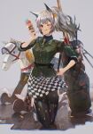  1girl :p absurdres animal_ear_fluff animal_ears arknights bangs black_legwear blush checkered checkered_skirt commentary eyebrows_visible_through_hair food grani_(arknights) grani_(miraculous_moment)_(arknights) green_shirt grey_eyes highres hip_vent holding holding_food horse_ears horse_girl ice_cream ice_cream_cone kneeling looking_at_viewer miniskirt official_alternate_costume one_eye_closed pantyhose shike_guma shirt shoes short_hair silver_hair skirt sneakers solo tongue tongue_out white_footwear 
