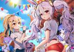  4girls :d ^_^ ahoge alternate_costume arm_up ass autumn_leaves ayanami_(azur_lane) azur_lane balloon bangs blonde_hair blue_buruma blue_sky bottle bunny_hair_ornament buruma closed_eyes cloud commentary_request contemporary crop_top day doll eyebrows_visible_through_hair festival from_behind gym_uniform hair_ornament headband headgear highres holding holding_bottle holding_doll javelin_(azur_lane) laffey_(azur_lane) lens_flare lerome long_hair looking_at_viewer looking_back midriff multiple_girls navel open_mouth orange_eyes outdoors parted_lips ponytail purple_eyes purple_hair ramune red_buruma red_eyes shirt short_sleeves sidelocks silver_hair sky smile sports_festival standing stuffed_animal stuffed_toy stuffed_winged_unicorn sun sunlight sweat sweatband tree twintails unicorn_(azur_lane) very_long_hair water_bottle white_shirt wristband yellow_buruma 