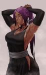  1girl alternate_hair_length alternate_hairstyle armpits arms_behind_head bleach breasts choker dark_skin detached_sleeves gud0c highres large_breasts long_hair mouth_hold muscular muscular_female ribbon ribbon_in_mouth shihouin_yoruichi sideboob solo sweat tying_hair 