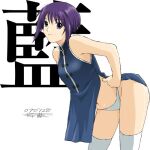  1girl bangs bent_over better_girls blue_dress china_dress chinese_clothes closed_mouth dated dress eyebrows_visible_through_hair hair_between_eyes kusaka_ai open_clothes open_dress panties purple_eyes purple_hair ryouzou shiny shiny_hair short_hair signature sleeveless sleeveless_dress smile solo standing thighhighs underwear white_background white_legwear white_panties 