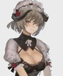  1girl absurdres blush breasts cleavage flower grey_background hair_between_eyes hair_over_one_eye hat hat_flower highres honkai_(series) honkai_impact_3rd horns large_breasts looking_at_viewer maid maid_headdress parted_lips puffy_short_sleeves puffy_sleeves red_flower reido_(reido_c) rita_rossweisse rose short_hair short_sleeves simple_background solo upper_body 