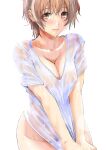  1girl bangs breasts brown_eyes brown_hair cleavage closed_mouth collarbone copyright_request groin hair_between_eyes highlights looking_at_viewer medium_breasts multicolored_hair naked_shirt nipples ryouzou shirt shirt_tug short_hair simple_background solo wet wet_clothes wet_hair wet_shirt white_background white_shirt 