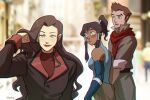  1boy 2girls adjusting_hair asami_sato avatar_(series) bisexual_(female) blue_eyes blurry blurry_background dark_skin dark_skinned_female distracted_boyfriend_(meme) elbow_gloves eyeshadow gloves green_eyes korra makeup mako_(avatar) meme multiple_girls parody photo_background ponytail red_lips red_scarf scarf sleeveless the_legend_of_korra unoobang upper_body 